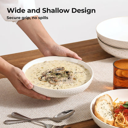 Y YHY 8.5" Pasta Bowls Set of 4, 30 oz Embossed Salad Bowls for Serving Soup, Noodle, Fruit, Dinner, Kitchen Deep Plates, Ceramic Dinnerware Sets, Soft White Dishes for Thanksgiving Day Gifts