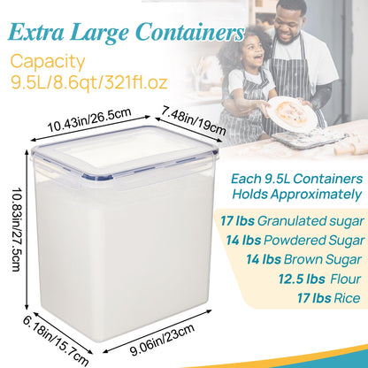 Vtopmart 9.5L 2 Pack Extra Large Flour Sugar Storage Containers, Each for 12.5 lbs flour, Airtight Kitchen Pantry Organization Canisters with Lids for Bulk food, Rice, Baking Supplies, BPA Free, Black