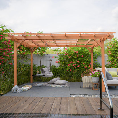 Echo Voyage 12' x 14' Outdoor Wood Pergola, Wooden Patio Pergola Gazebo for Climbing Plant Support, Garden,Brown