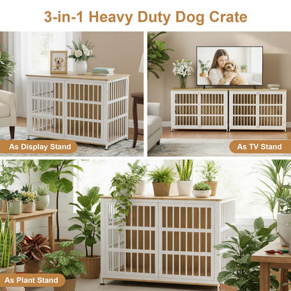 46" Dog Crate Furniture with Wheels, XXL Heavy Duty Dog Kennel Indoor for XL Dogs, Metal Chew-Proof Dog Cage, 45.9" L x 27.6" W x 32.4" H, Decorate House as TV Stand, End Table — Natural and White