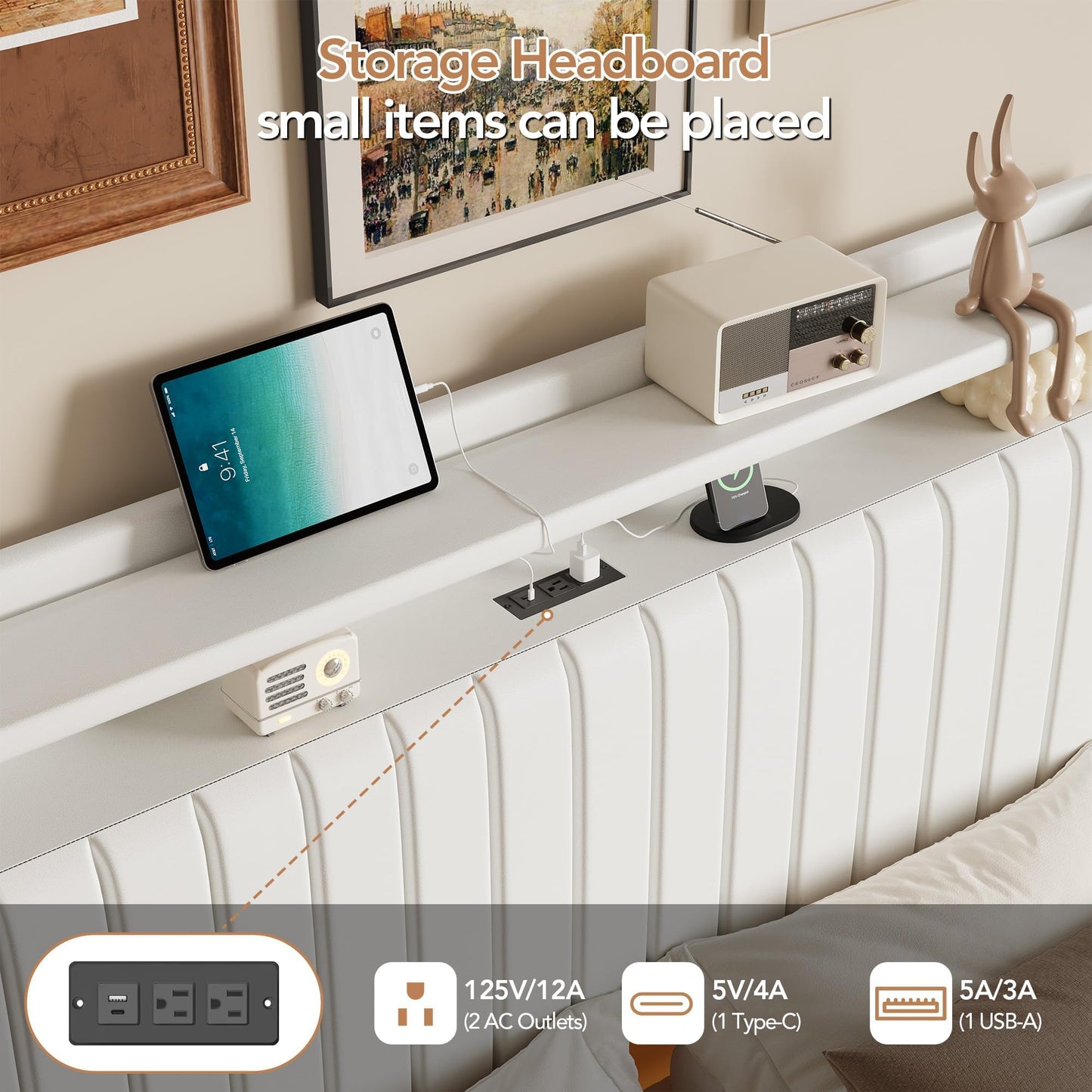 GarveeLife 50'' Tall Queen Floating Bed with LED Lights & Charging Station, PU Leather Bed Frame with Storage Headboard, Kick-Free, Noise-Free, Easy Assembly, No Box Spring Needed, White