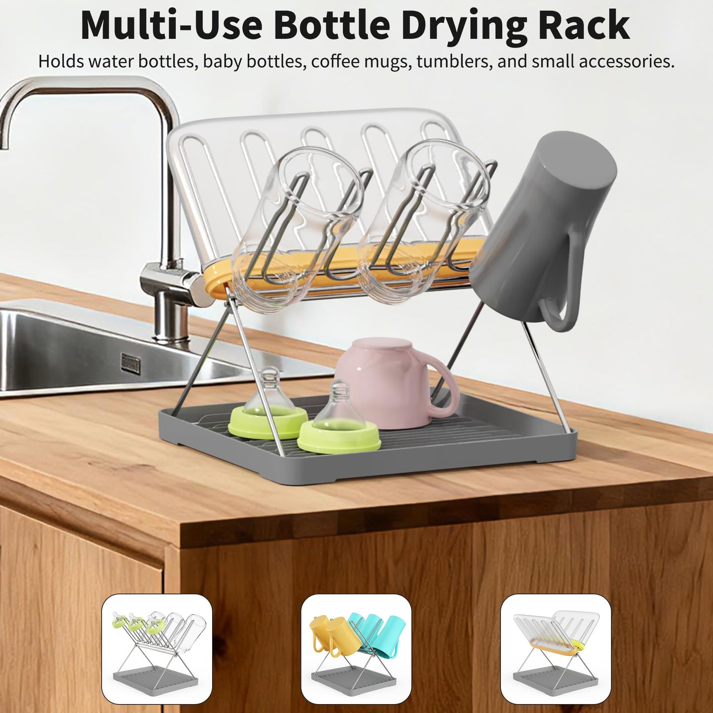 Solvrix Bottle Drying Rack, Stainless Steel Foldable Water Bottle Drying Rack Organizer with Drain Tray for Baby Bottles, Cups, Mugs and Glass, Baby Bottles Dryer Countertop, Stainless Steel