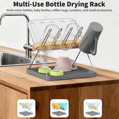Solvrix Bottle Drying Rack, Stainless Steel Foldable Water Bottle Drying Rack Organizer with Drain Tray for Baby Bottles, Cups, Mugs and Glass, Baby Bottles Dryer Countertop, Stainless Steel