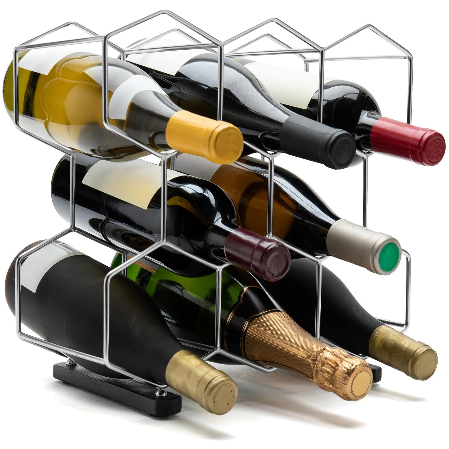 CASA VELUTI Countertop Wine Rack - 8-Bottle - Stainless Steel & Charcoal Oak - 3 Tier Tabletop Wine Holder Stand for Cabinet, Pantry - Freestanding - No Assembly Required