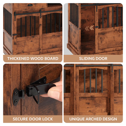 Homiflex 72" Double Dog Crate Furniture with Storage for 2 Medium Large Dogs Farmhouse Wooden Dog Kennel Furniture with 2 Sliding Doors Divider & Power Outlets Decorative Dog Cage TV Stand, Brown