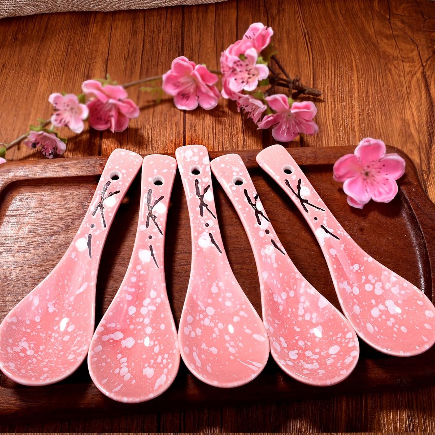 Japanese Soup Spoons Set of 5 - Pink Ceramic Spoons for Soup, Ramen, Pho, Gravy, and Dumplings