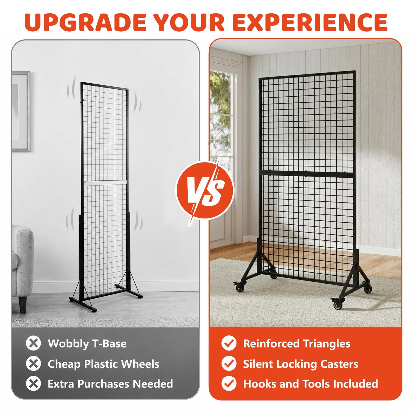 2 Packs 3' x 6' Grid Wall Panels Display Stand with Wheels, Heavy Duty Wire Grid Wall Rack for Retail, Craft Fairs & Art Shows, Mobile Floor Standing Fixture with 20 Hooks, Black