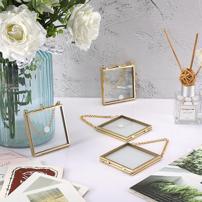 JUXYES 4 Pack Wall Hanging Mini Brass Frames for Pressed Flowers Art, Square Glass Hanging Dried Flowerss Artwork Display Frame, Double Glass Floating Style Gallery Wall Frame for Picture, Pressed Flower, etc