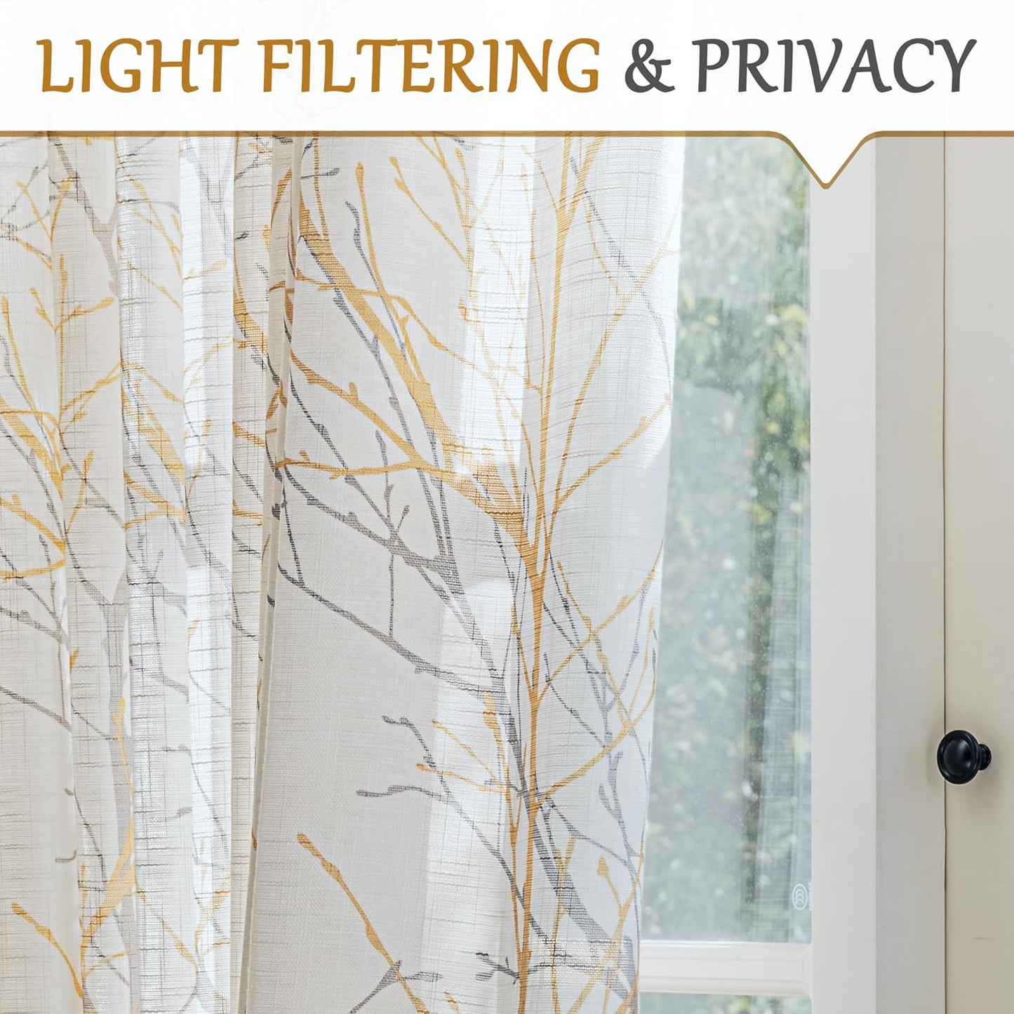 FMFUNCTEX White Sheer Front Door Curtains, 40 Inches Long Yellow Grey Print Branch Tree Half French Panel, 50 Inches