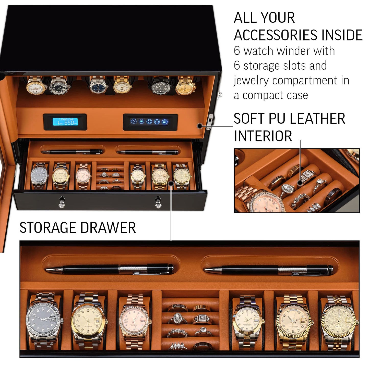Automatic Watch Winder with 6 Storage Slots, LED Light and Automatic Motor-Stop Option