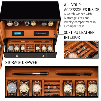 Automatic Watch Winder with 6 Storage Slots, LED Light and Automatic Motor-Stop Option