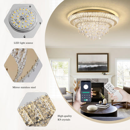 24 inch Flush Mount Crystal Chandelierse with Remote and APP Gold, Modern Elegant LED Crystal Raindrop Ceiling Light Fixtur, 3CCT Dimmable, for Living Room Kitchen Island Bedroom Entryway Foyer