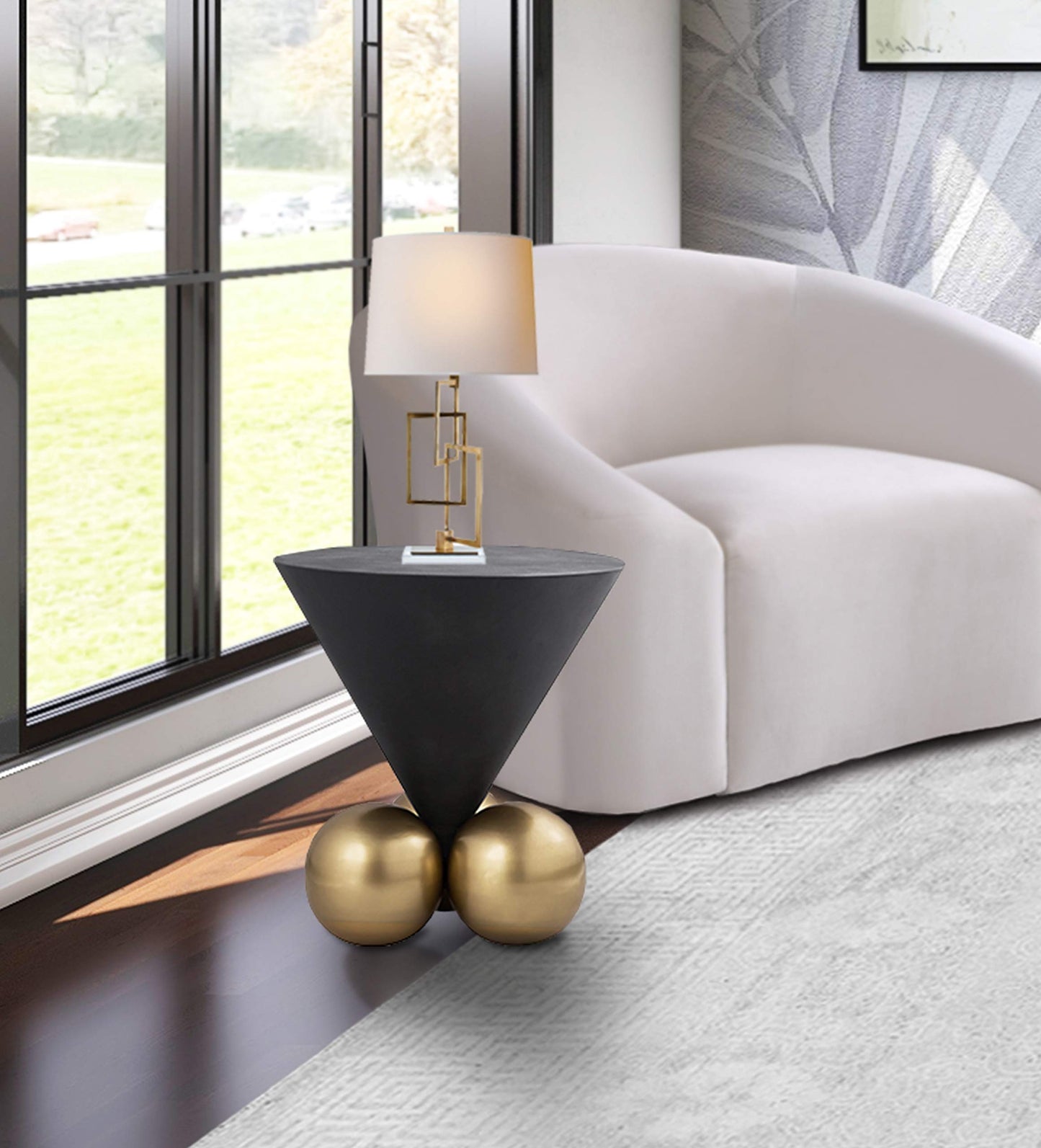 Meridian Furniture 265-E Naples Collection Modern | Contemporary Round End Table with Grey Textured Cement Table Top and a Brushed Brass Base, 20" W x 20" D x 21" H