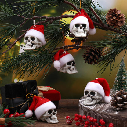 Lenwen 24 Pcs Mini Hanging Skull Heads Santa Hat Halloween Skeleton Head Tree Ornament Decorations for Holiday Party Xmas Tree Decor (2.16 Inch)