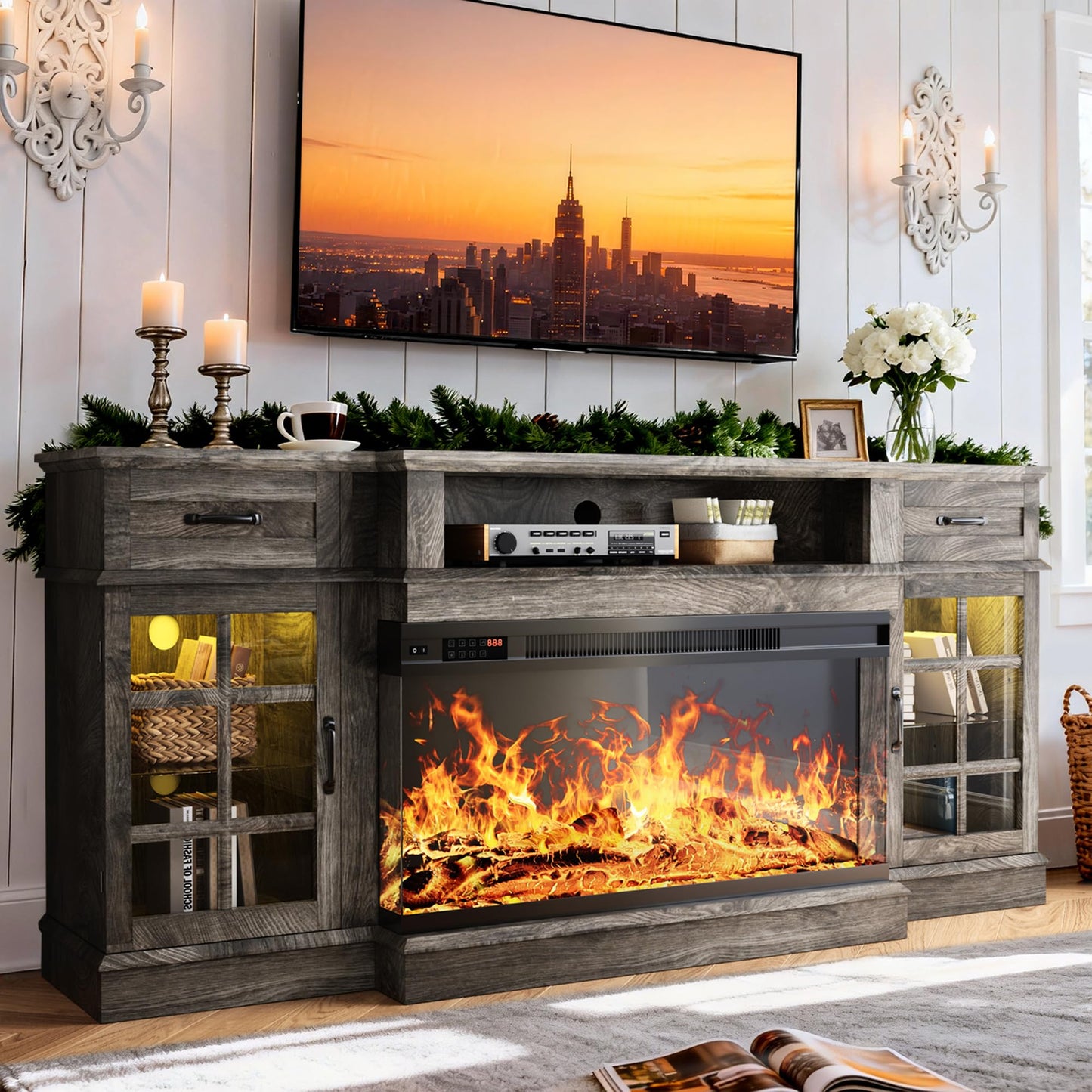 MXV 70" Fireplace TV Stand, 3-Sided Glass Fireplace and Modern Entertainment Center, Wooden Media Console with Glass Doors & Storage Drawers, LED Light, for Living Room, Grey