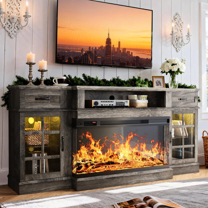 MXV 70" Fireplace TV Stand, 3-Sided Glass Fireplace and Modern Entertainment Center, Wooden Media Console with Glass Doors & Storage Drawers, LED Light, for Living Room, Grey