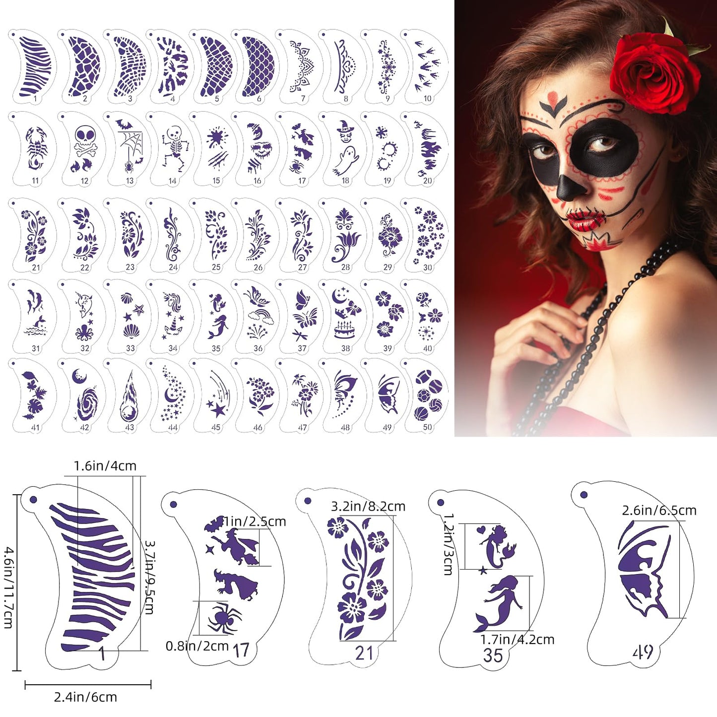 50 Pcs Face Paint Stencils Set, Reusable Body Facial Painting Art Templates for Halloween, Party Makeup and Temporary Tattoo Art