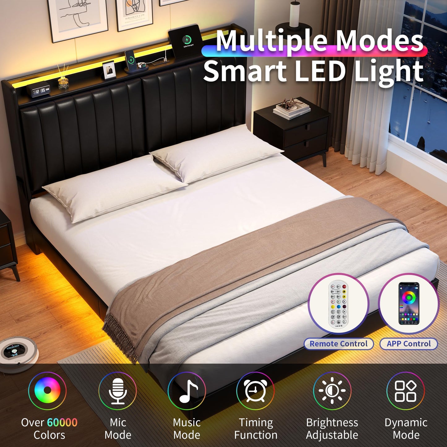 Jocoevol Queen Size Floating Bed Frame with Ergonomic Hidden Storage Headboard and LED Lights, Visual Floating LED Bed Frame with Charing Station, Leather Upholstered Platform Bed, Heavy Duty, Black