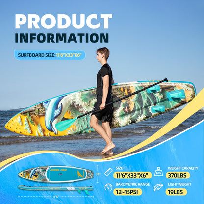 TIDETREK 11'/11'6" x 33"/34" x 6" Inflatable SUP Paddle Board – Extra-Wide, Stable Stand Up Paddle Board with Premium Full Accessory Set for Adults & Youth (Azure Leap, 11'6"x33"x6")