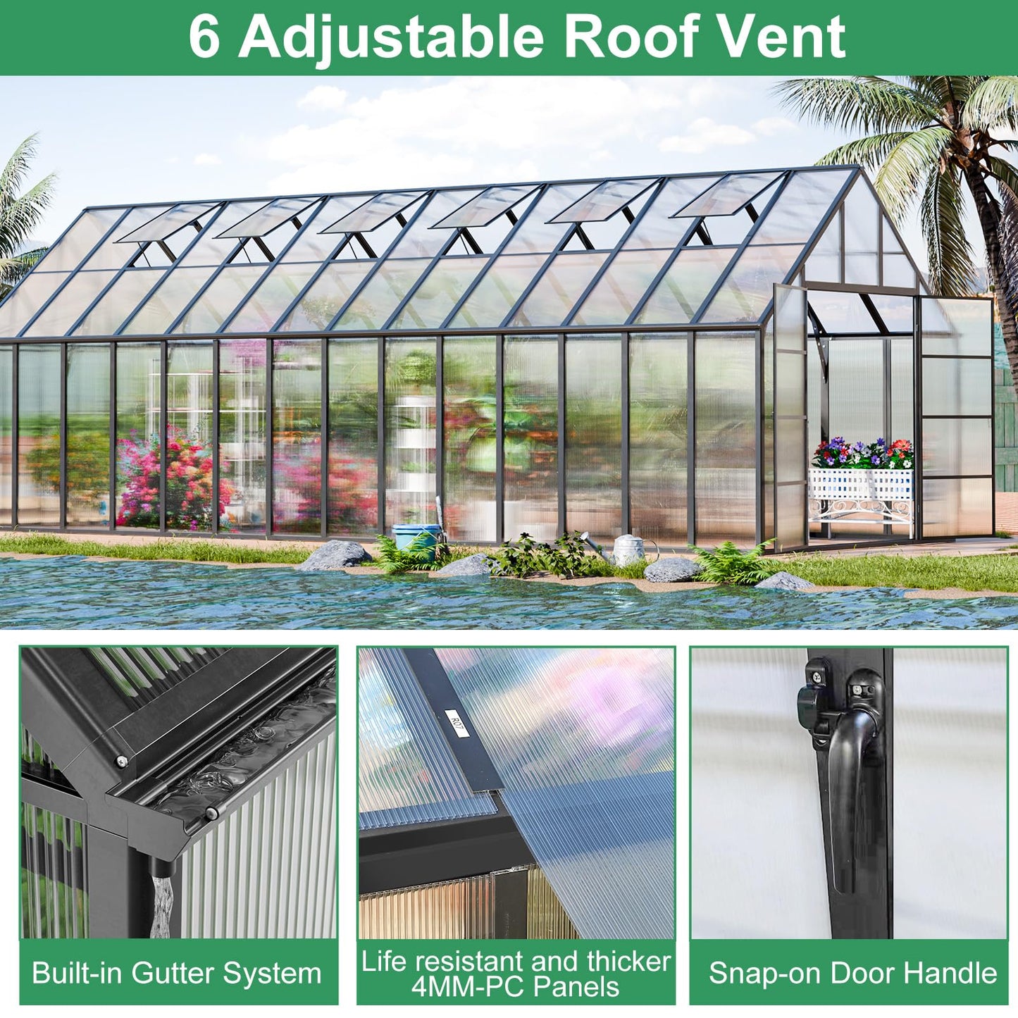 SELLERWE 28x10x10 FT Large Greenhouse, Easy Assembly Thicker Aluminum Hybrid Polycarbonate Greenhouses for Outdoors w/6 Windows,Heavy Duty Walk-in Greenhouses for Outside, Backyard, Graden
