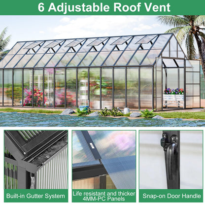 SELLERWE 28x10x10 FT Large Greenhouse, Easy Assembly Thicker Aluminum Hybrid Polycarbonate Greenhouses for Outdoors w/6 Windows,Heavy Duty Walk-in Greenhouses for Outside, Backyard, Graden