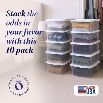 HOMZ 10-Pack Snaplock Storage Organizer Bins - Clear Plastic Containers with Lids, 6 Quart, White | Stackable for Home & Office