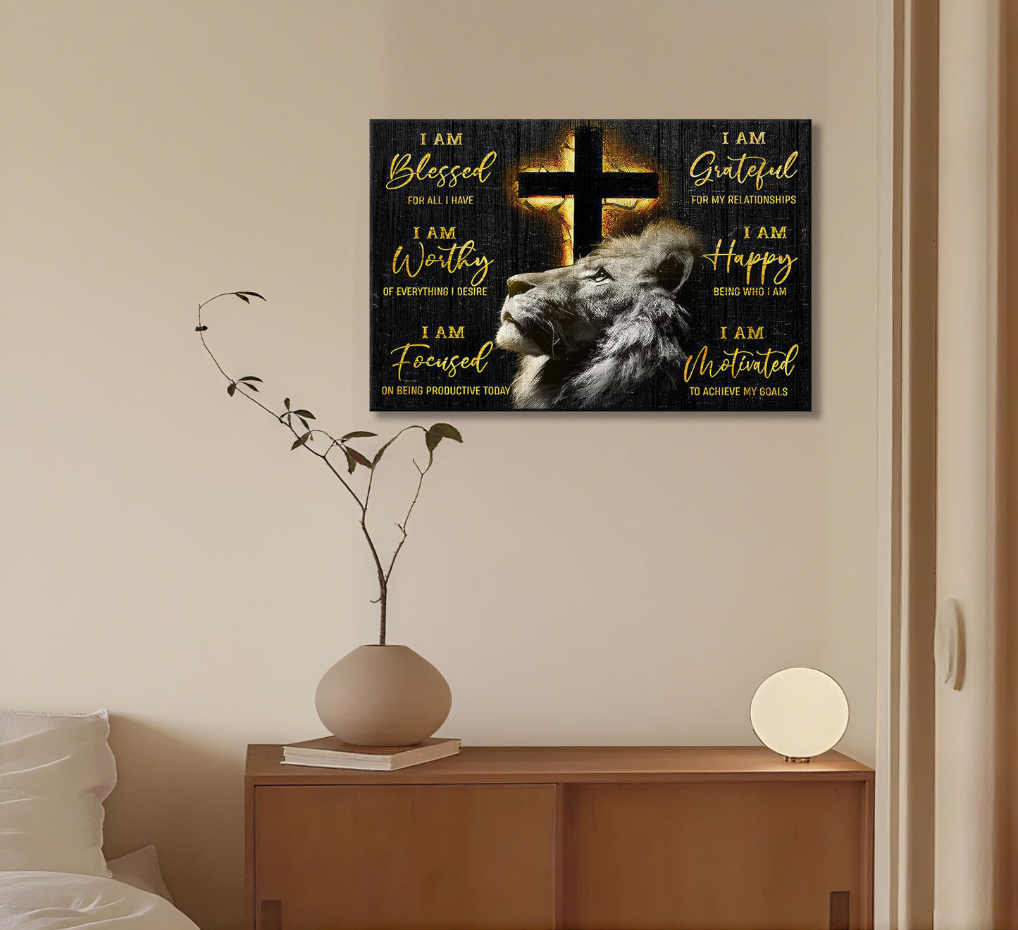 Motivational Lion Cross Canvas Wall Art Cross Christian Lion Wall Decor Pictures Painting Inspirational Affirmations Posters Prints Artwork for Living Office Home Decoration 12x16in