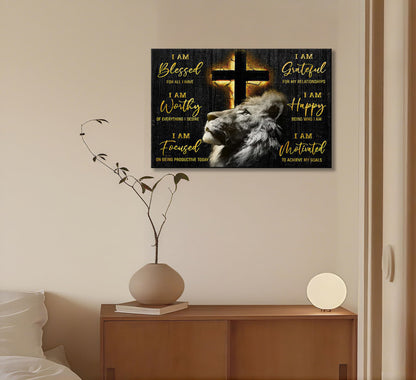 Motivational Lion Cross Canvas Wall Art Cross Christian Lion Wall Decor Pictures Painting Inspirational Affirmations Posters Prints Artwork for Living Office Home Decoration 12x16in