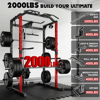 Goimu C1-V4 Power Cage, 2000LBS Squat Rack with LAT Pulldown, Multi-Function Weight Cage Strength Training Machine, Workout Cage with More Attachments for Home Gym Garage (210LBS RD Home Gym Packages)