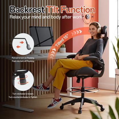 BOLISS Tall Ergonomic Office Chair, Sustainable Tech-Leather Drafting Chair with Adjustable Foot Ring, 90° Flip-Up Arms Space Saving Mesh Computer Desk Chair for Standing Desk Executive Work 8+ Hours
