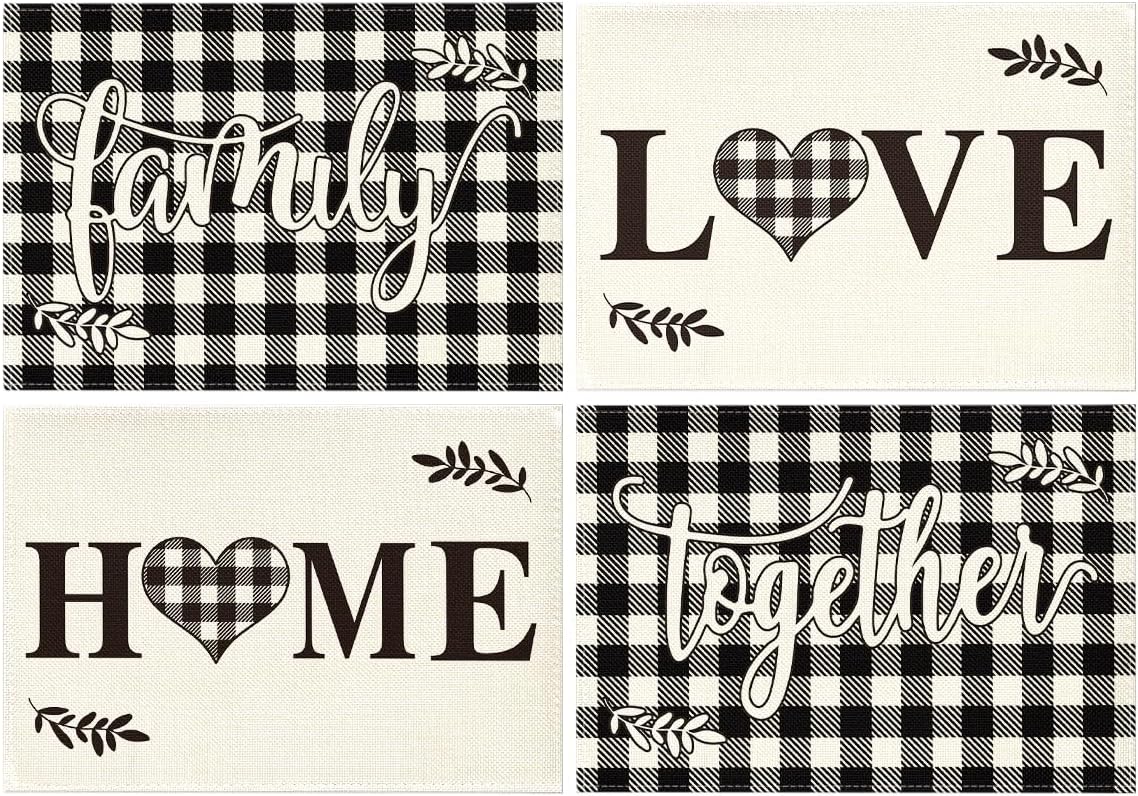 Artoid Mode Love Family Together Home Buffalo Plaid Placemats for Dining Table, 12 x 18 Inch Set of 4 Holiday Vintage