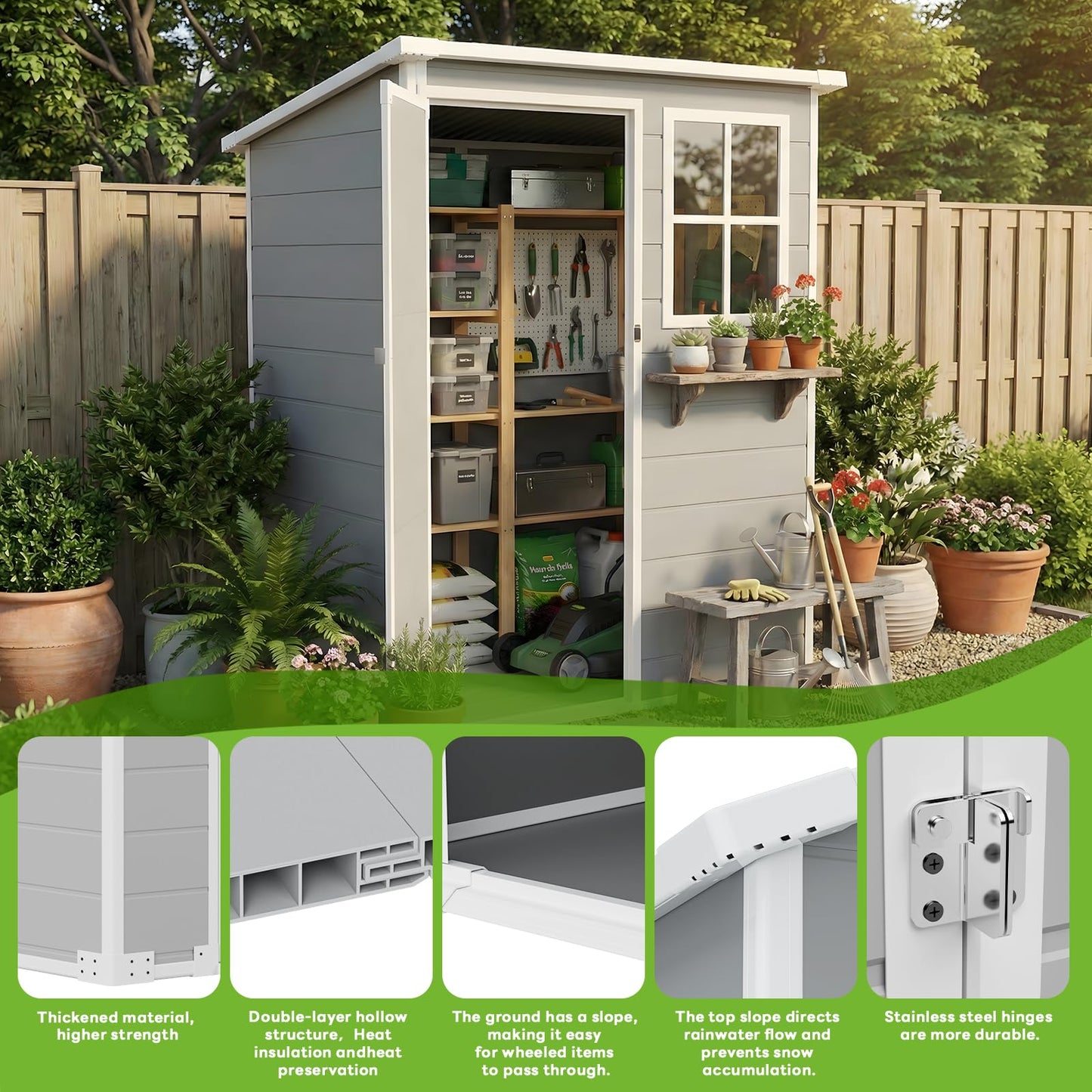 AIRAJ 5x3 FT Outdoor Storage Shed,Resin Storage Shed with Floor/Window/Vent/Roof Rainwater Drainage/Lockable Door,All-Weather Plastic Garden Sheds,for Yard,Garden,Poolside,Lawn Mower,Seasonal Items