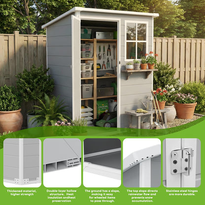 AIRAJ 5x3 FT Outdoor Storage Shed,Resin Storage Shed with Floor/Window/Vent/Roof Rainwater Drainage/Lockable Door,All-Weather Plastic Garden Sheds,for Yard,Garden,Poolside,Lawn Mower,Seasonal Items