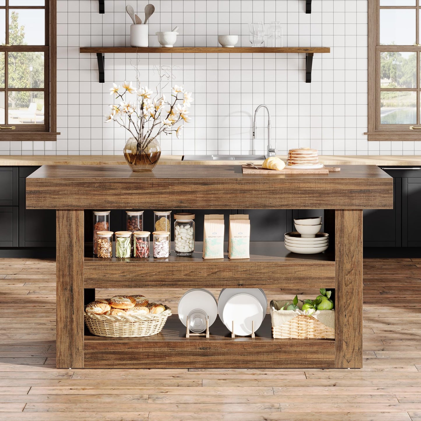Tribesigns 55-Inch Kitchen Island with Storage, Farmhouse 3-Tier Stationary Island Table with Large Countertop, Wooden Coffee Bar Table Storage Cabinet for Kitchen, Dining Room, Living Room, Brown