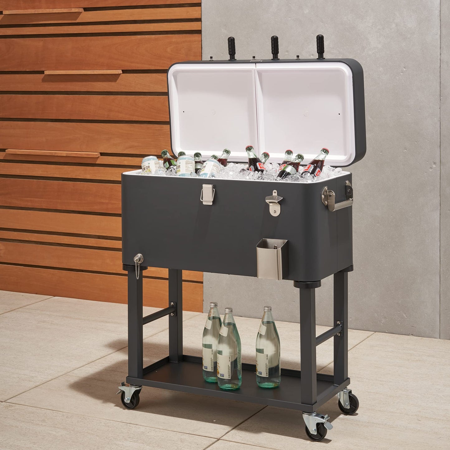 TRINITY 80 Quart Beverage Cooler and Ice Chest with Foosball Table Top and Bottle Opener, Rolling Cart and Storage Shelf, Detachable Tub, 96 Can Capacity, Includes Protective Cover, Charcoal Gray