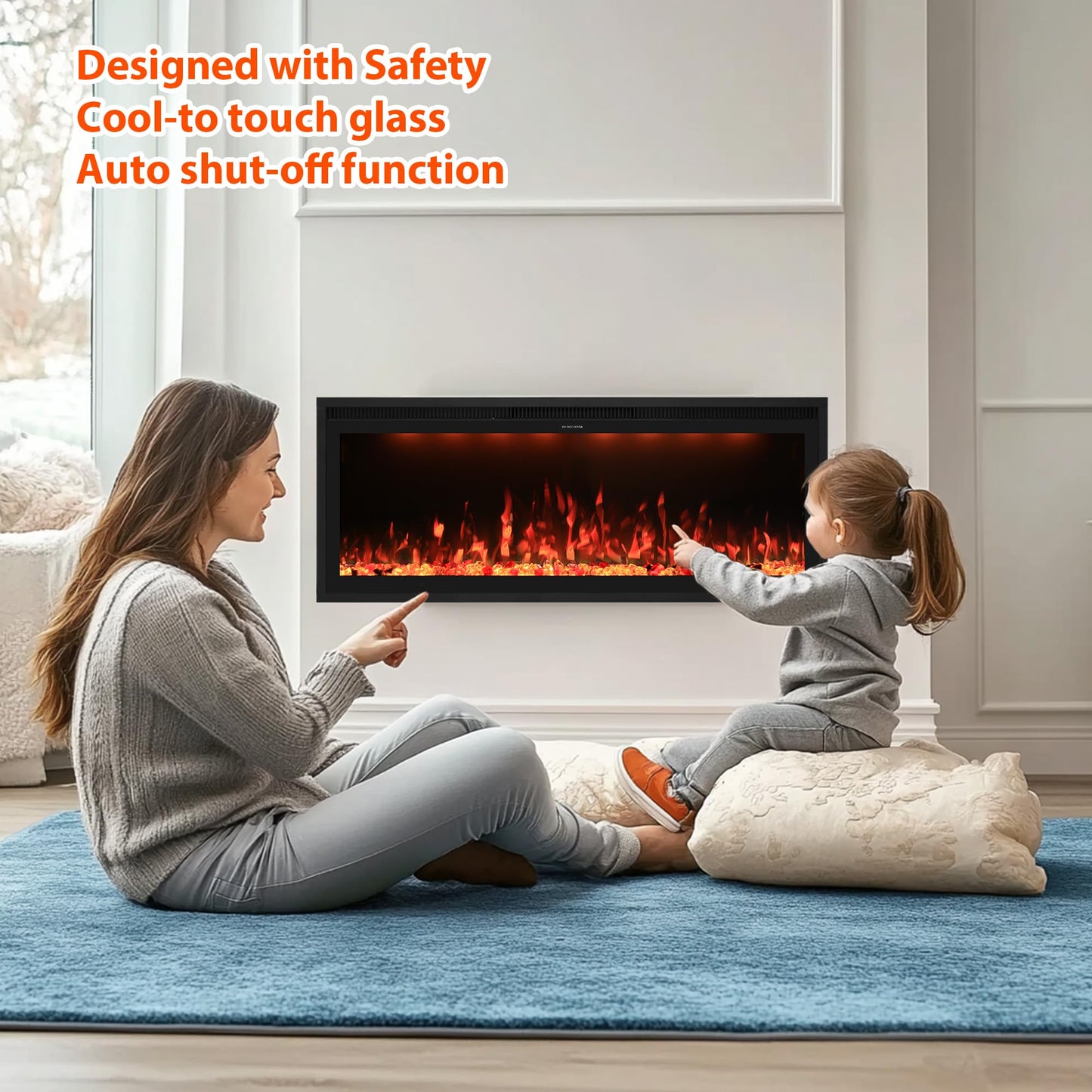 Valuxhome 50 inch Ultra-Thin Electric Fireplace Inserts, Built-in and Wall Mounting, Ultra-Narrow Frame and Lager Screen Vision with 13 Flame x 13 Ember Bed x 3 Top Light Colors, High/Low Temperature