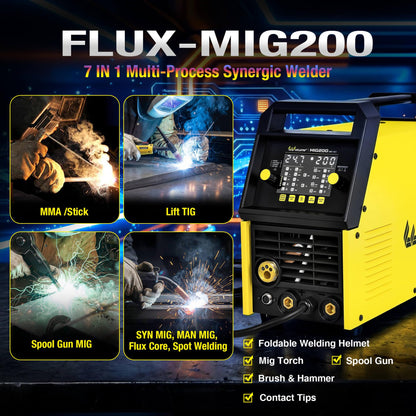 Weldpro MIG Welder, 200Amp 7-in-1 Gas MIG/Gasless Flux Core MIG/Synergic MIG/Lift TIG/MMA/Spot/Spool Gun Aluminum Multi process Welding Machine with Large LED Display, IGBT, 2T/4T, Save Job