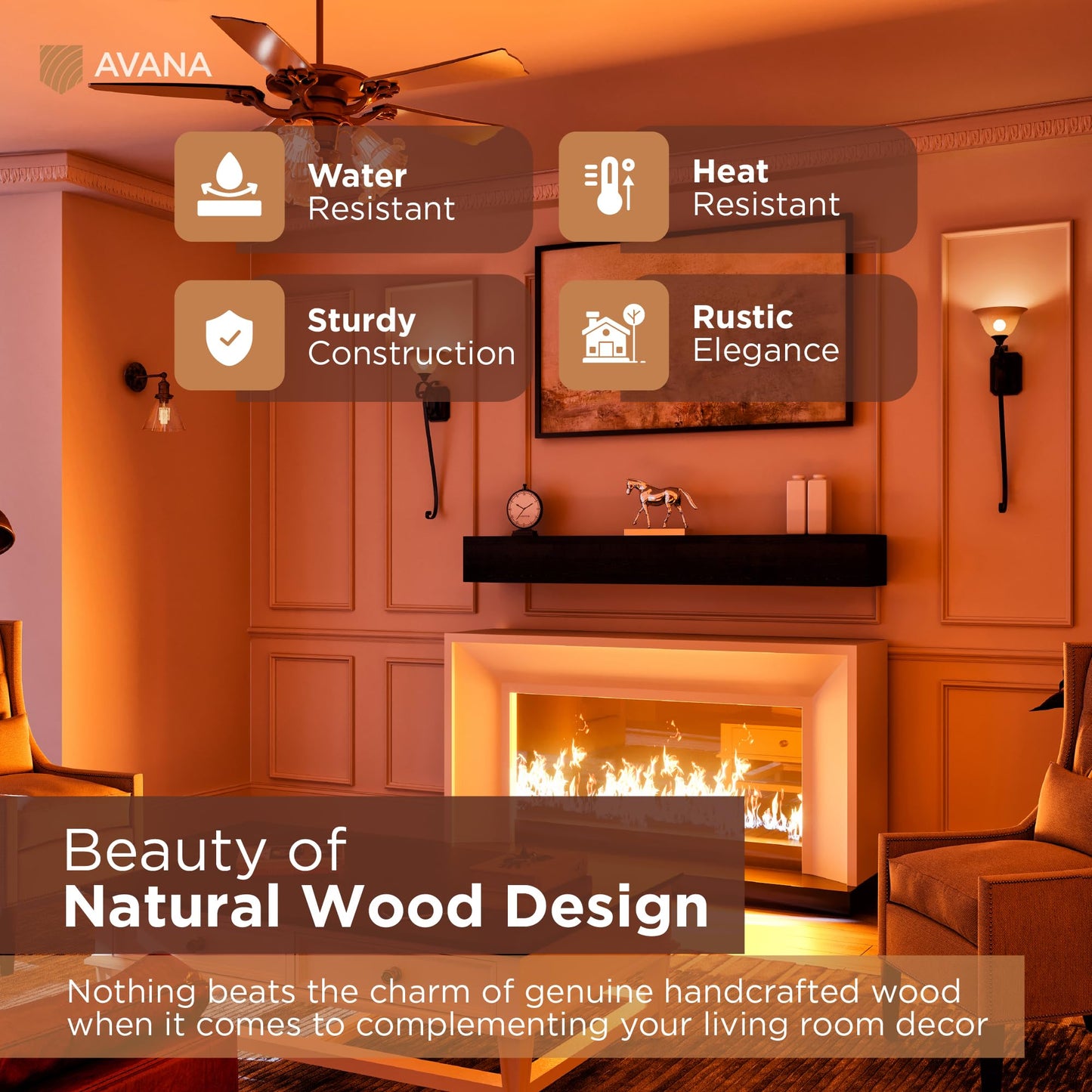 Avana Farmhouse Fireplace Mantel - Handcrafted Wood, 72" x 8" x 5" - Espresso Finish