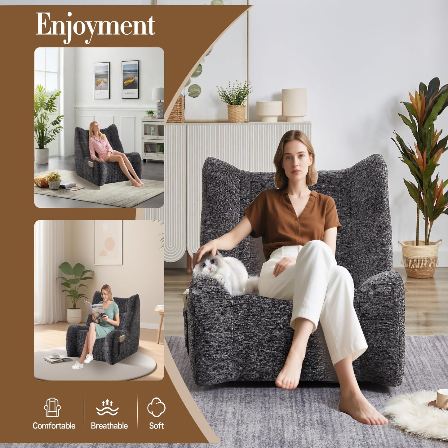 Oversized Bean Bag Chair with Armrests for Adults,Chenille Lounger Filled High Resilience Foam,Lazy Floor Sofa Seat, Reading Gaming Accent Furniture Living Room Bedroom Office Dorm Apartment (Grey)