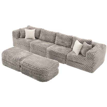 Merax 135.4 Inch Modular Sectional Sofa with 2 Movable Ottomans, Bubble Velvet U-Shape Convertible Couch for Living Room, Reversible Chaise, Includes 4 Throw Pillows, Grey