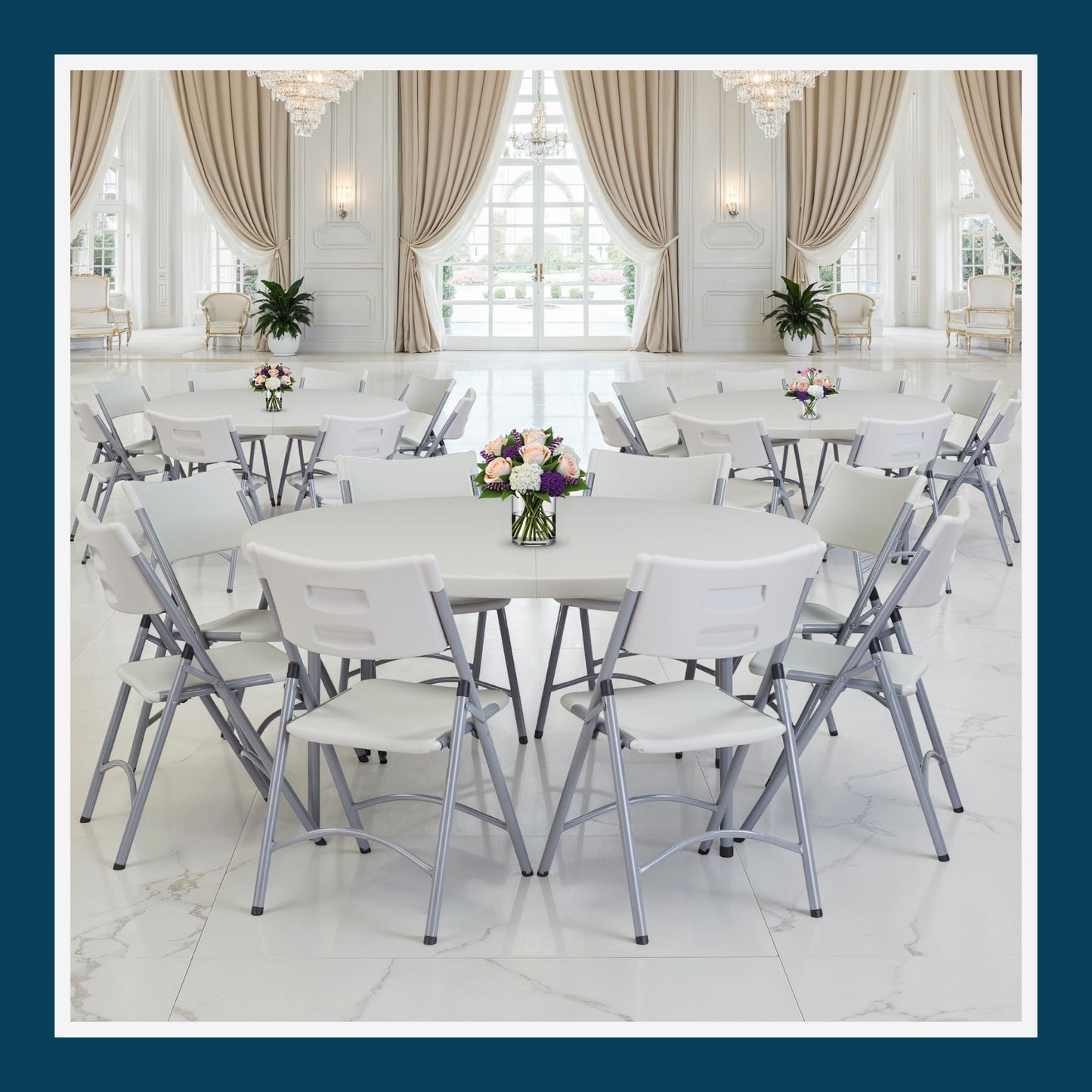 OEF Furnishings OEFCMFIH60R Commercial-Grade Premium Industrial Fold-in-Half Blow-Molded Folding Table with 19-Gauge Steel Frame and Thick Top (60" Diameter, Speckled Gray Top)