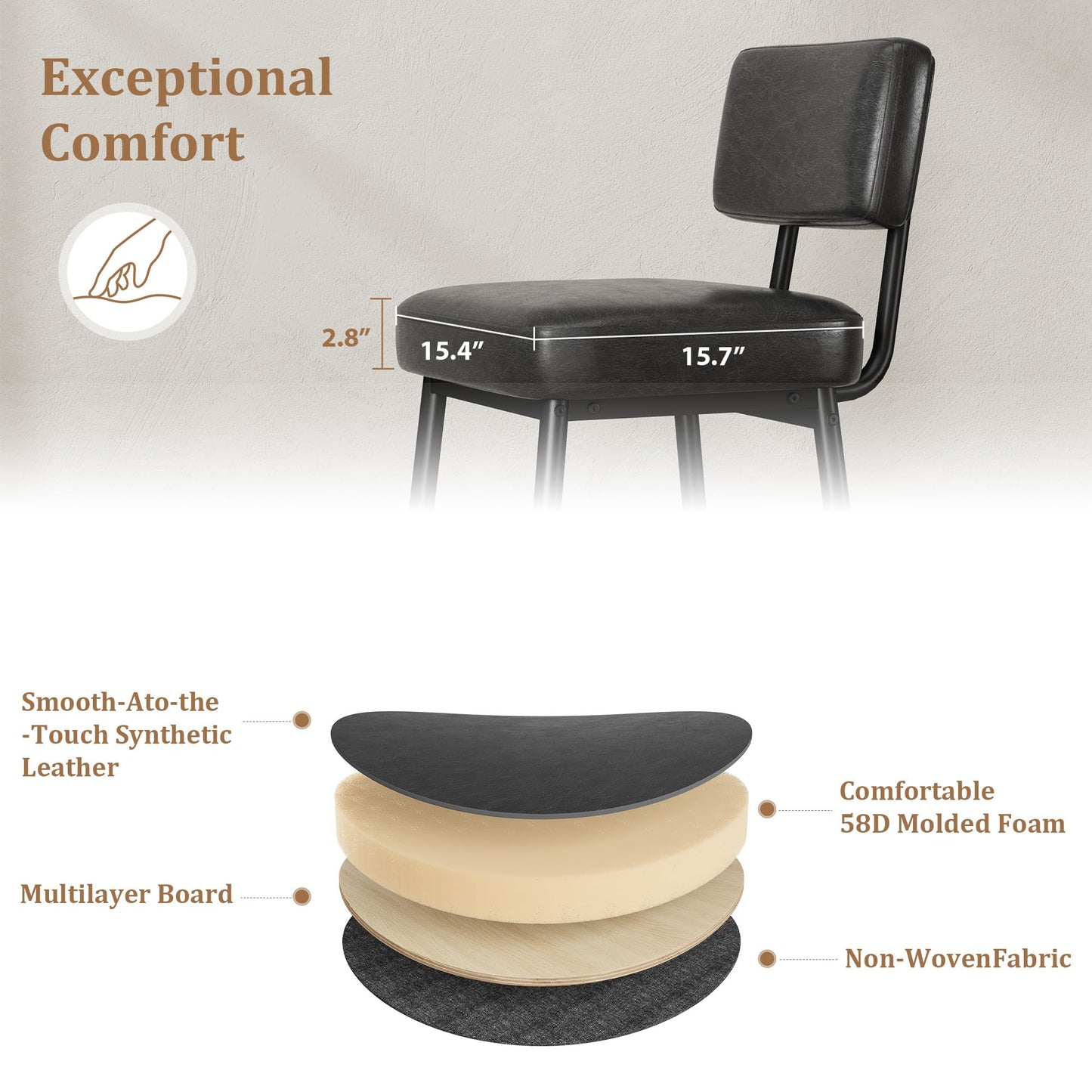 GarveeHome Bar Stools Set of 4, 26" Black Faux Leather Counter Height Bar Stools with Backs, Modern Upholstered Barstool Chairs with Metal Legs for Kitchen Island, Home Bar, Dining Room