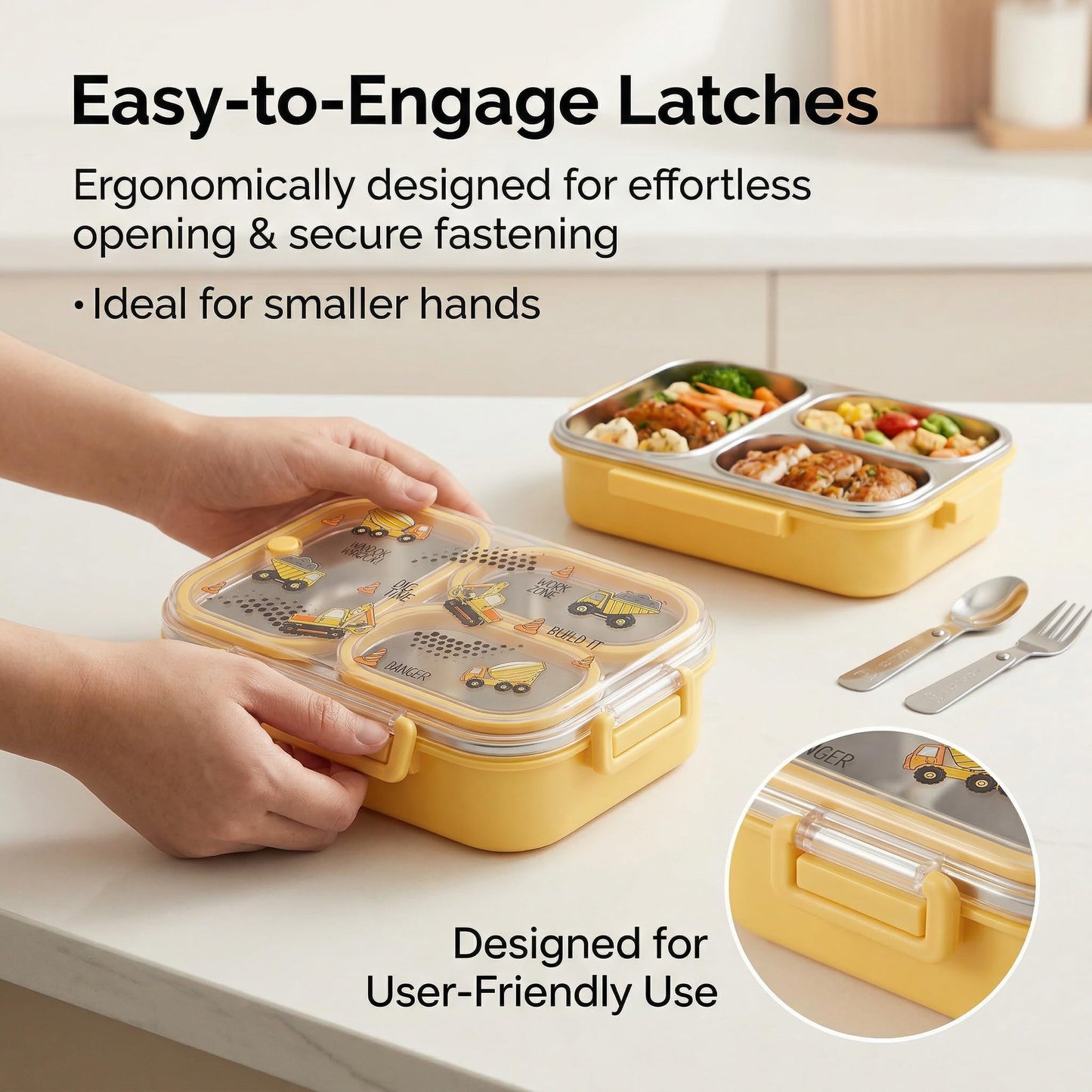 WORTHBUY Microwavable 304 Stainless Steel Bento Box With Utensils, Metal Lunch Container With 3 Compartments, Leak Proof Lunch Box, Portable Concealed Handle, BPA Free, Dishwasher Safe [Car]