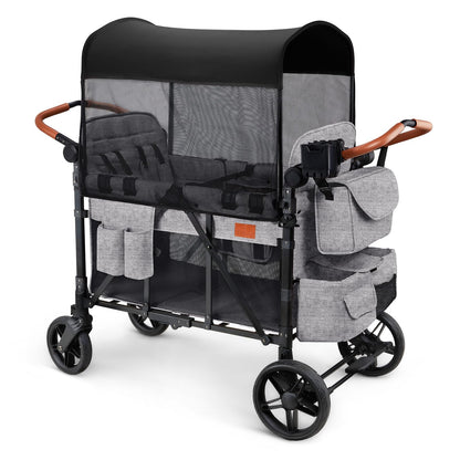ZTDM Wagon Stroller for 4 Kids, All-Terrain Wagon for Toddler with Canopy, Parent Organizer, Shoulder Bag, Adjustable Handlebar, Phone Holder, High Seat & 5 Point Harness, Ultimate Quad (Gray)