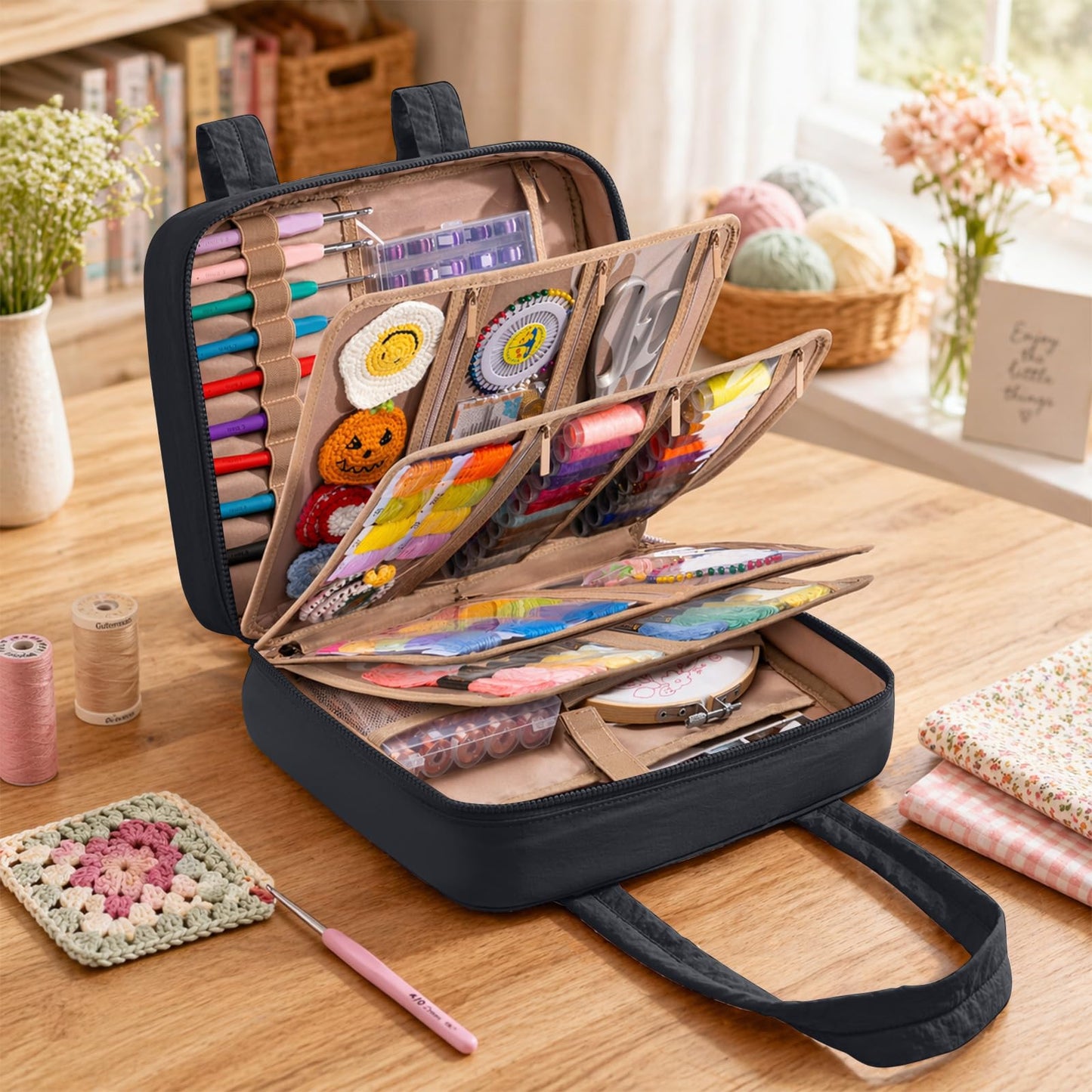 AMOIGEE Sewing Supplies Organizer Bag, Large Craft Storage Tote with 17 Clear Pockets&Tool Holders, Portable Crochet Knitting Embroidery Organizer Case for Threads, Hooks, Needles & Sewing Accessories