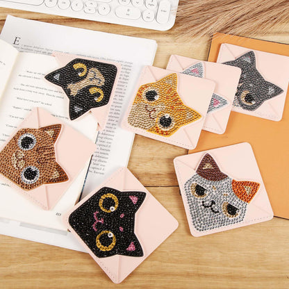 SAVITA 8pcs Diamond Artistic Painting Corner Bookmarks, PU Leather Triangle Bookmark 5D Diamond Aesthetic Painting Bookmarks Kit DIY Diamond Art Bookmarks for Book lover Art Craft Making (Cat Pattern)