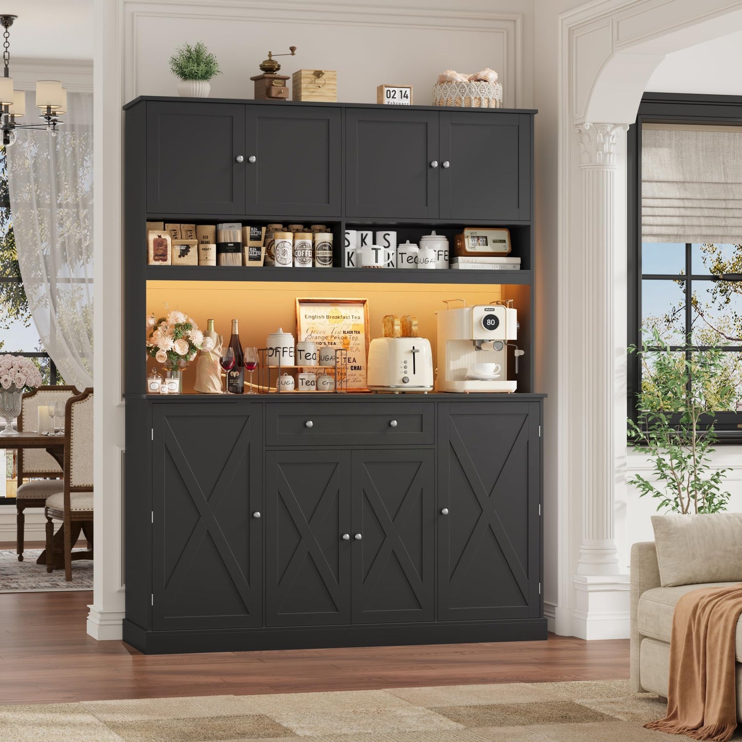 HIFIT 72.8” LED Kitchen Pantry Cabinet with Charging Station, 55” Wide Pantry Storage Cabinet with Large Countertop&Shelves&Drawers, Farmhouse Kitchen Hutch Coffee Bar for Living Room, Black