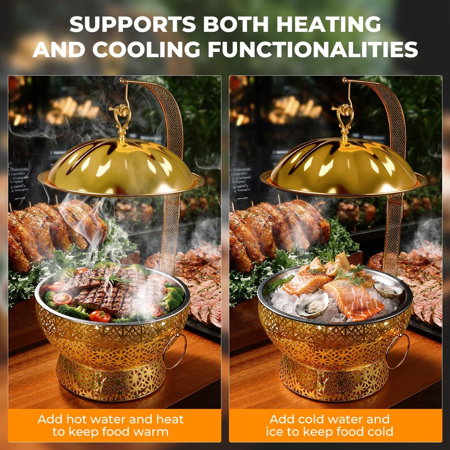 Chafing Dishes Set Gold Stainless Steel, 8 Quart Hollow-Out Buffet Food Warmer, Luxury Catering Warmer for Wedding, Hotel, Party & Christmas (Gold, 4PCS)