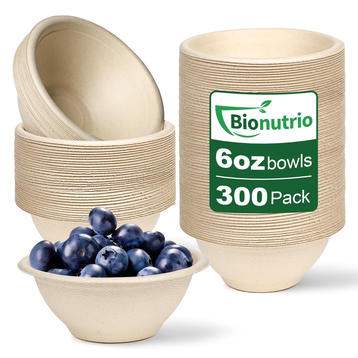 Bionutrio 6 oz Small Disposable Bowls, 300 Pack Bulk Paper Bowls for Chili, Sauce, Cereal, Compostable Eco-Friendly Bagasse Bowl, Microwavable, Leak-Proof, Sturdy