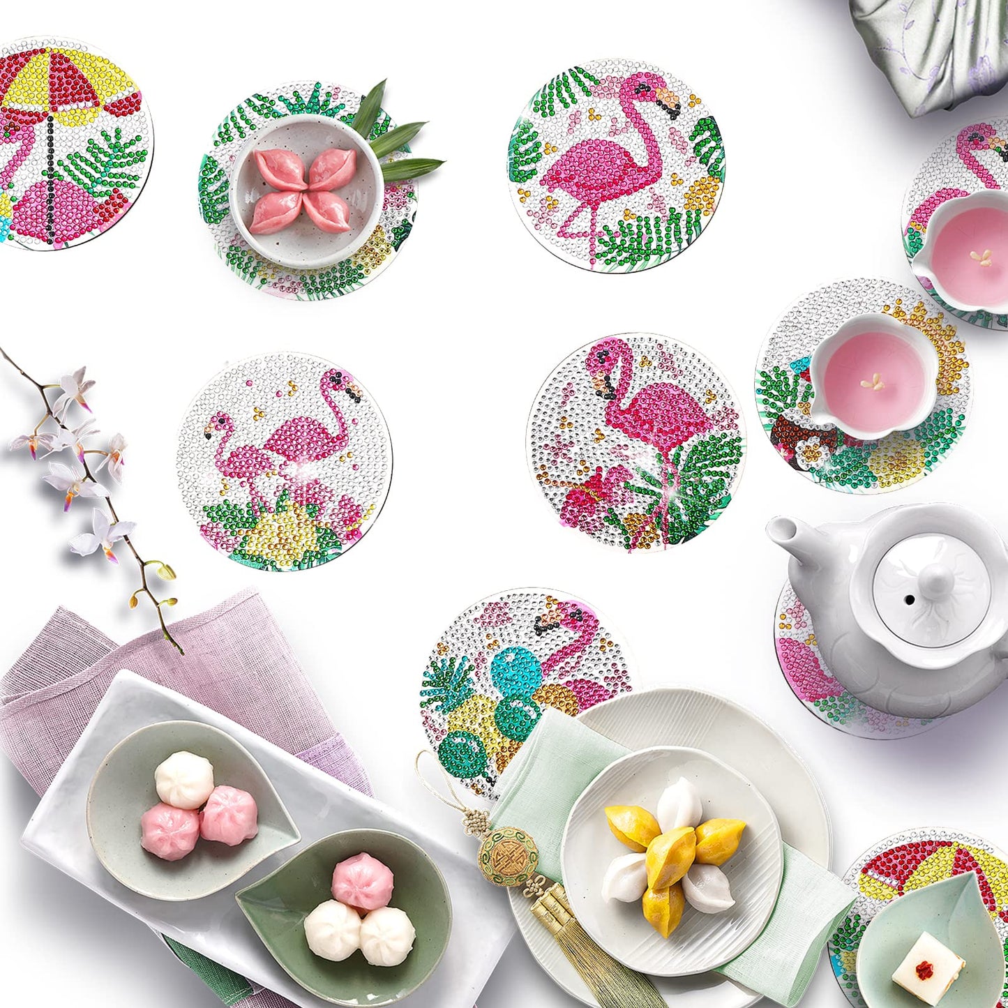YLOLUL 10 Pc Flamingo Coasters Kit with Holder - Beginner & Kid Friendly Art Craft Gifts